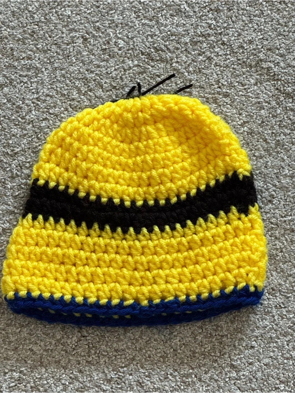 Kids Yellow Crochet Character Beanie with Black and Blue Accents